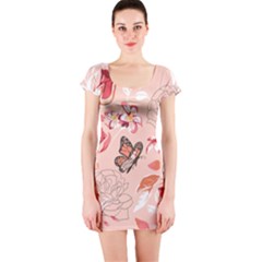 Beautiful Seamless Spring Pattern With Roses Peony Orchid Succulents Short Sleeve Bodycon Dress