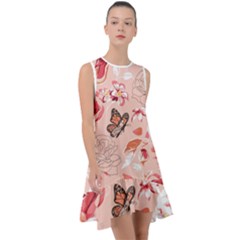 Beautiful Seamless Spring Pattern With Roses Peony Orchid Succulents Frill Swing Dress