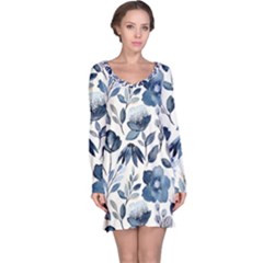 Indigo Watercolor Floral Seamless Pattern Long Sleeve Nightdress