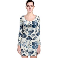 Indigo Watercolor Floral Seamless Pattern Long Sleeve Velvet Bodycon Dress