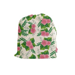 Cute Pink Flowers With Leaves-pattern Drawstring Pouch (large)