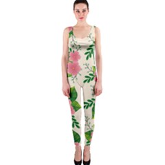 Cute Pink Flowers With Leaves-pattern One Piece Catsuit by BangZart