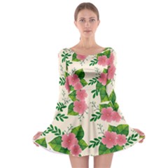 Cute Pink Flowers With Leaves-pattern Long Sleeve Skater Dress
