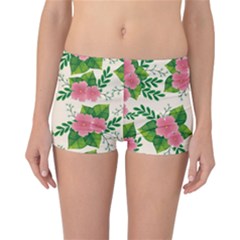 Cute Pink Flowers With Leaves-pattern Reversible Boyleg Bikini Bottoms