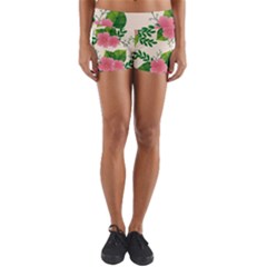 Cute Pink Flowers With Leaves-pattern Yoga Shorts by BangZart