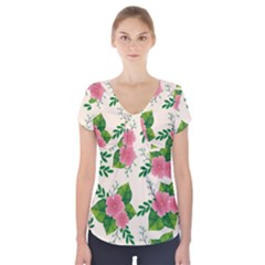 Cute Pink Flowers With Leaves-pattern Short Sleeve Front Detail Top