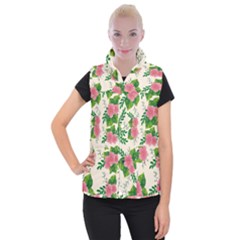 Cute Pink Flowers With Leaves-pattern Women s Button Up Vest