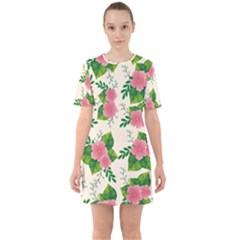 Cute Pink Flowers With Leaves-pattern Sixties Short Sleeve Mini Dress