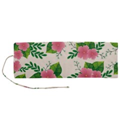 Cute Pink Flowers With Leaves-pattern Roll Up Canvas Pencil Holder (m) by BangZart