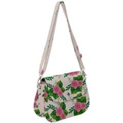 Cute Pink Flowers With Leaves-pattern Saddle Handbag by BangZart