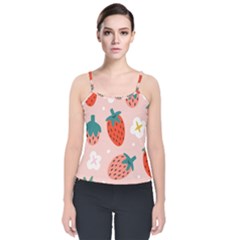 Strawberry Seamless Pattern Velvet Spaghetti Strap Top