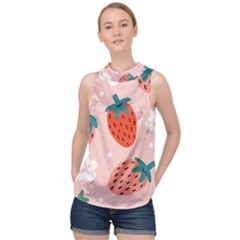 Strawberry Seamless Pattern High Neck Satin Top