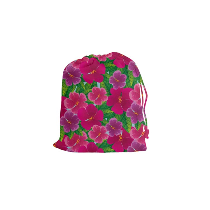 Background cute flowers fuchsia with leaves Drawstring Pouch (Small)