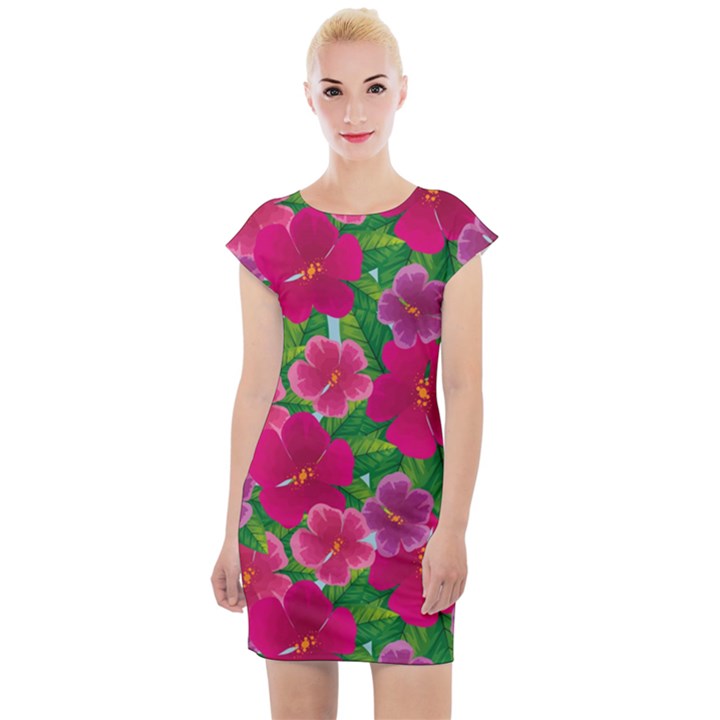 Background cute flowers fuchsia with leaves Cap Sleeve Bodycon Dress