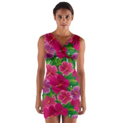 Background Cute Flowers Fuchsia With Leaves Wrap Front Bodycon Dress