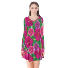 Background Cute Flowers Fuchsia With Leaves Long Sleeve V-neck Flare Dress