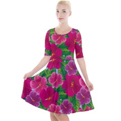 Background Cute Flowers Fuchsia With Leaves Quarter Sleeve A-line Dress