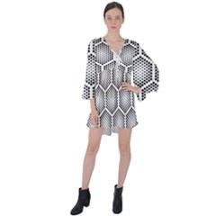 Halftone Tech Hexagons Seamless Pattern V-neck Flare Sleeve Mini Dress