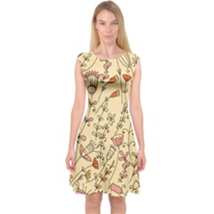 Seamless Pattern With Different Flowers Capsleeve Midi Dress