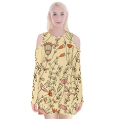 Seamless Pattern With Different Flowers Velvet Long Sleeve Shoulder Cutout Dress