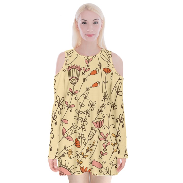 Seamless pattern with different flowers Velvet Long Sleeve Shoulder Cutout Dress
