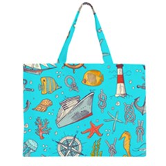 Colored Sketched Sea Elements Pattern Background Sea Life Animals Illustration Zipper Large Tote Bag