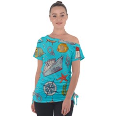 Colored Sketched Sea Elements Pattern Background Sea Life Animals Illustration Tie-up Tee