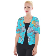 Colored Sketched Sea Elements Pattern Background Sea Life Animals Illustration Cropped Button Cardigan by BangZart