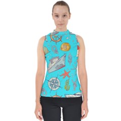 Colored Sketched Sea Elements Pattern Background Sea Life Animals Illustration Mock Neck Shell Top