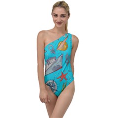 Colored Sketched Sea Elements Pattern Background Sea Life Animals Illustration To One Side Swimsuit