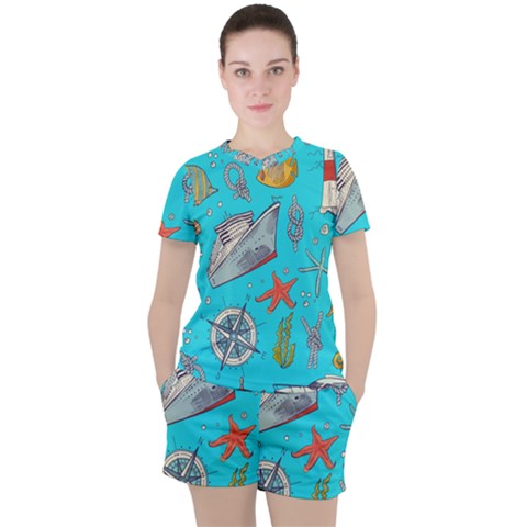 Colored Sketched Sea Elements Pattern Background Sea Life Animals Illustration Women s Tee And Shorts Set by BangZart