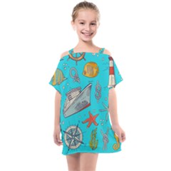 Colored Sketched Sea Elements Pattern Background Sea Life Animals Illustration Kids  One Piece Chiffon Dress by BangZart