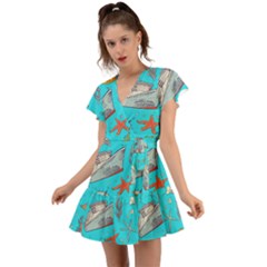Colored Sketched Sea Elements Pattern Background Sea Life Animals Illustration Flutter Sleeve Wrap Dress by BangZart
