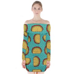 Taco Drawing Background Mexican Fast Food Pattern Long Sleeve Off Shoulder Dress by BangZart