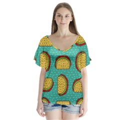 Taco Drawing Background Mexican Fast Food Pattern V-neck Flutter Sleeve Top by BangZart