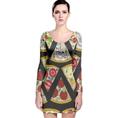 Vector Seamless Pattern With Italian Pizza Top View Long Sleeve Velvet Bodycon Dress