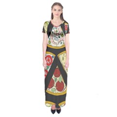Vector Seamless Pattern With Italian Pizza Top View Short Sleeve Maxi Dress