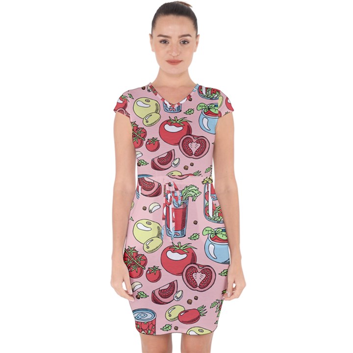 Tomato seamless pattern juicy tomatoes food sauce ketchup soup paste with fresh red vegetables Capsleeve Drawstring Dress 