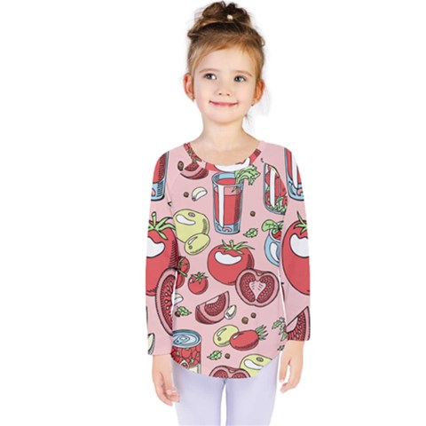 Tomato Seamless Pattern Juicy Tomatoes Food Sauce Ketchup Soup Paste With Fresh Red Vegetables Kids  Long Sleeve Tee by BangZart
