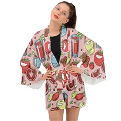 Tomato Seamless Pattern Juicy Tomatoes Food Sauce Ketchup Soup Paste With Fresh Red Vegetables Long Sleeve Kimono by BangZart