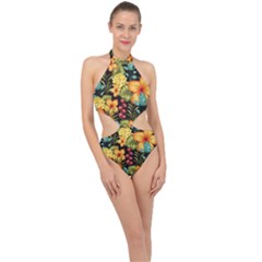 Fabulous Colorful Floral Seamless Halter Side Cut Swimsuit