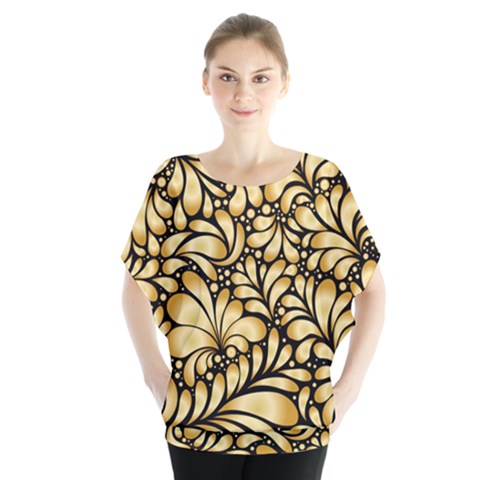 Damask Teardrop Gold Ornament Seamless Pattern Batwing Chiffon Blouse by BangZart