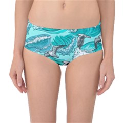 Sea Waves Seamless Pattern Mid-waist Bikini Bottoms