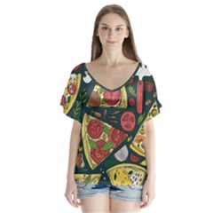 Vector Seamless Pizza Slice Pattern Hand Drawn Pizza Illustration Great Background V-neck Flutter Sleeve Top