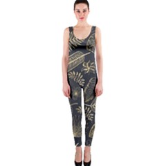 Elegant Pattern With Golden Tropical Leaves One Piece Catsuit