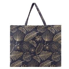 Elegant Pattern With Golden Tropical Leaves Zipper Large Tote Bag