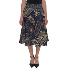 Elegant Pattern With Golden Tropical Leaves Perfect Length Midi Skirt