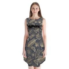 Elegant Pattern With Golden Tropical Leaves Sleeveless Chiffon Dress  