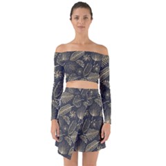 Elegant Pattern With Golden Tropical Leaves Off Shoulder Top With Skirt Set
