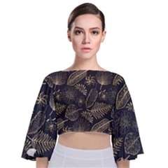 Elegant Pattern With Golden Tropical Leaves Tie Back Butterfly Sleeve Chiffon Top